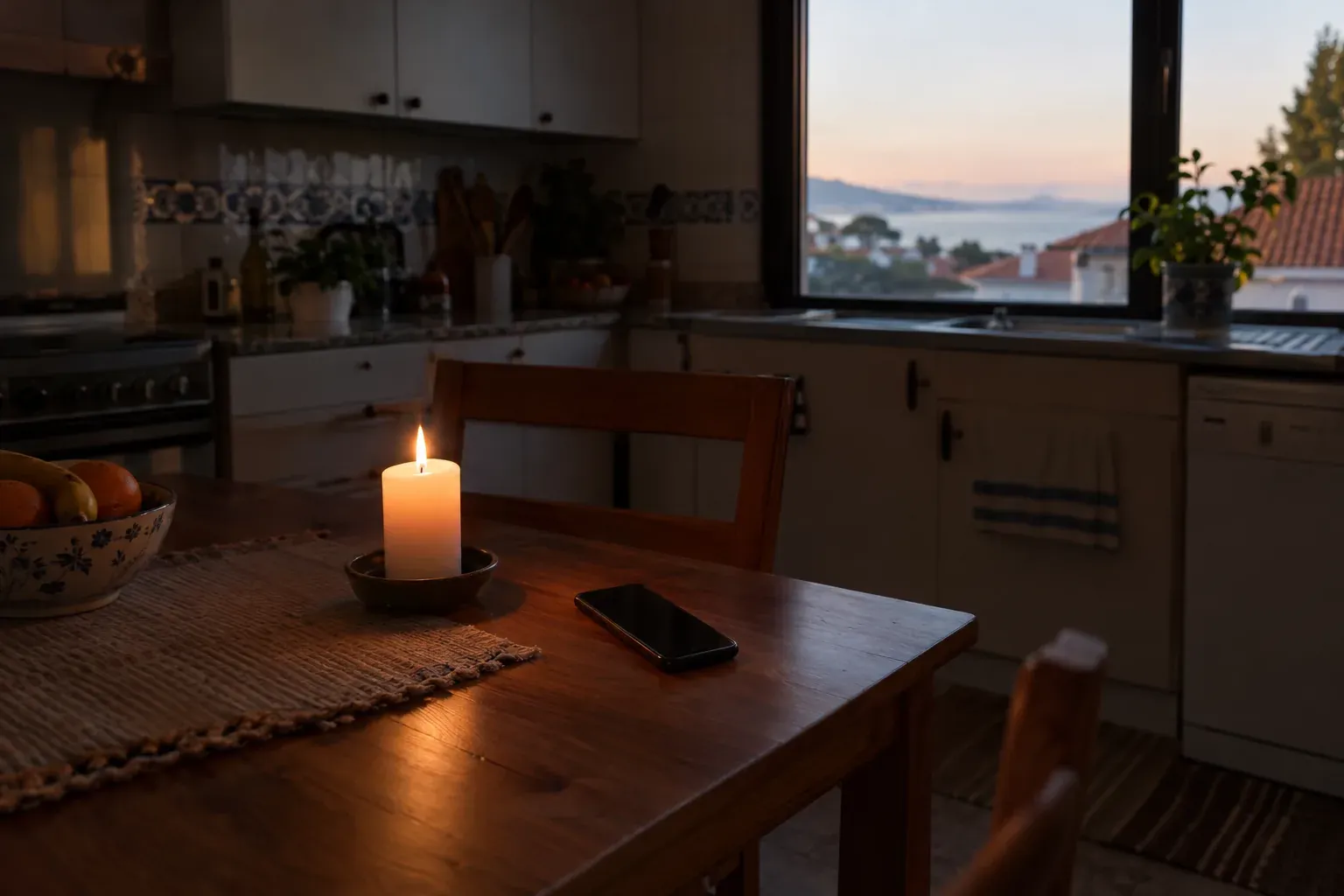 Cozinha ao anoitecer, com uma vela acesa e um telemóvel sobre a mesa.