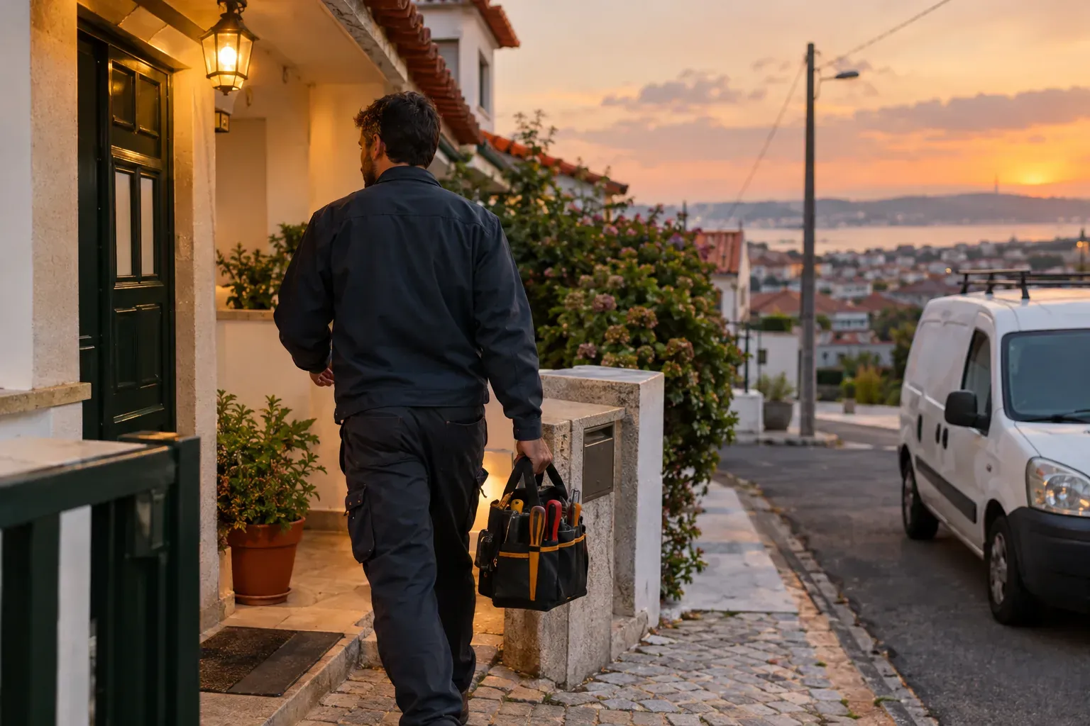 Técnico com uma mala de ferramentas a caminhar para a porta de uma moradia ao fim do dia.