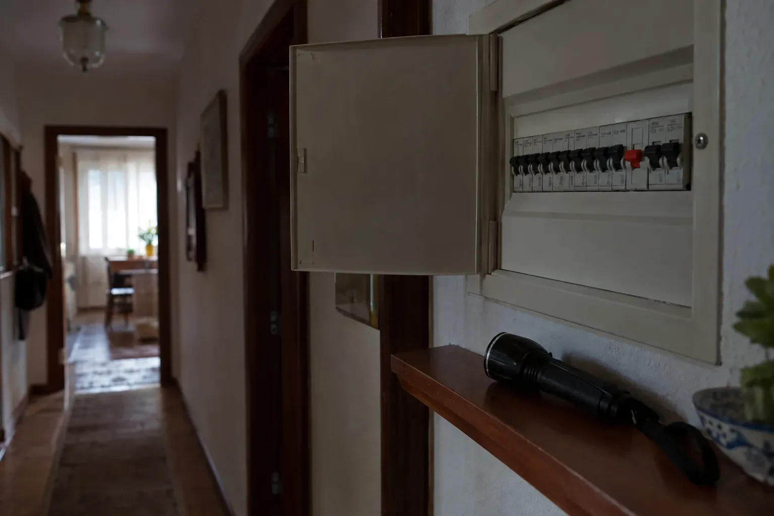 Corredor de casa com o quadro elétrico aberto e uma lanterna sobre a prateleira.