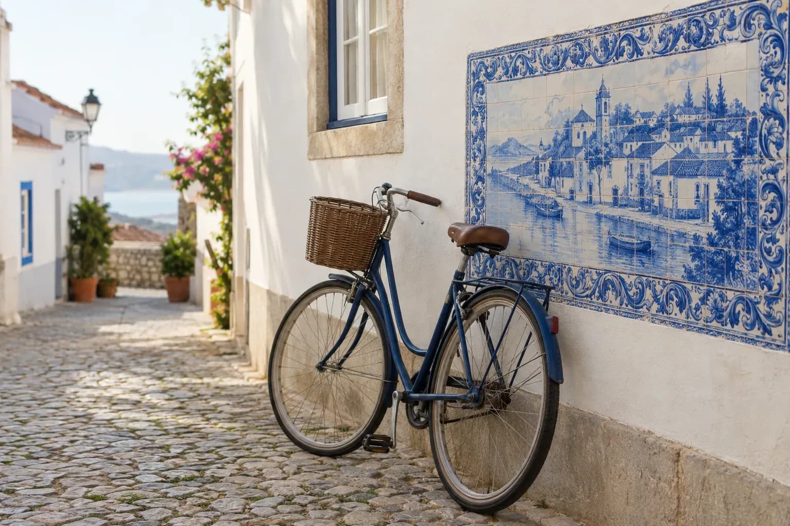 Bicicleta encostada a uma parede com painel de azulejo azul e branco, numa rua calçada de uma aldeia portuguesa.