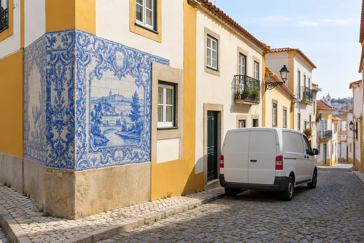 Rua estreita de calçada portuguesa, com fachadas amarelas e brancas, painéis de azulejo azul e uma carrinha branca estacionada.