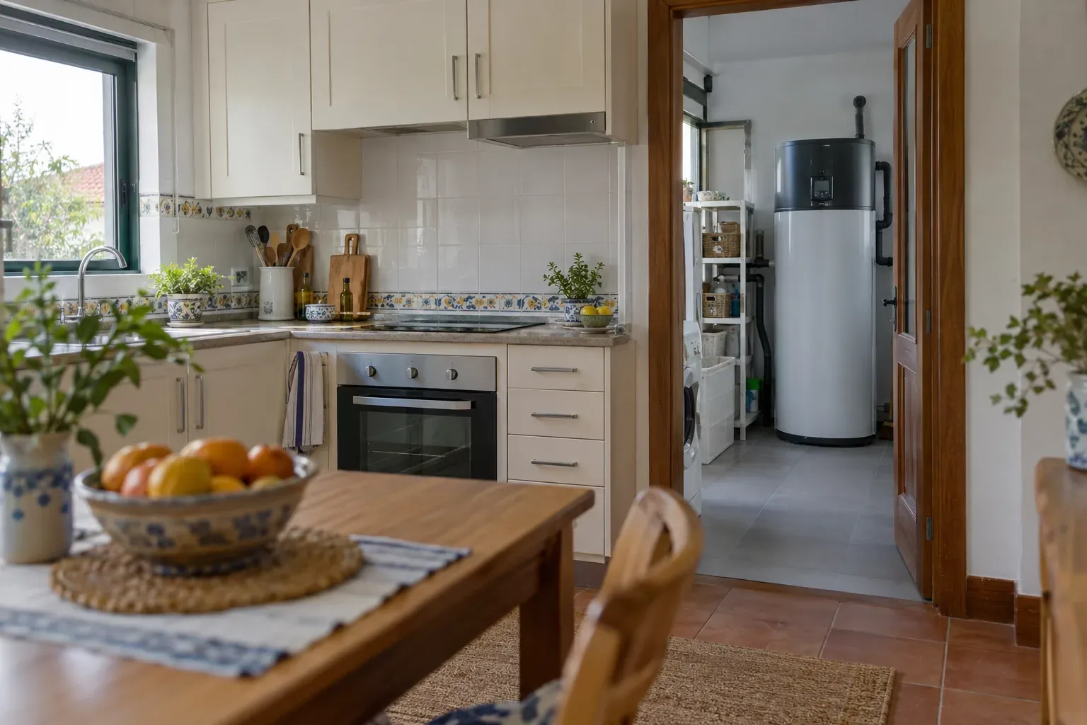 Cozinha clara com placa e forno, com vista para uma arrecadação onde está um termoacumulador
