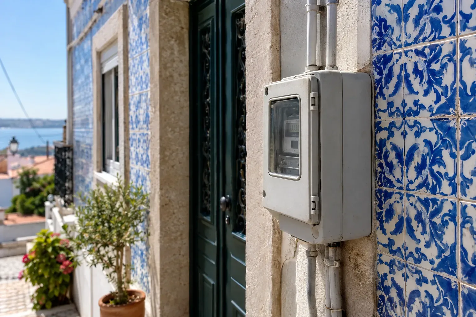 Caixa do contador numa fachada de uma casa, ao lado de uma porta verde e de azulejos azuis
