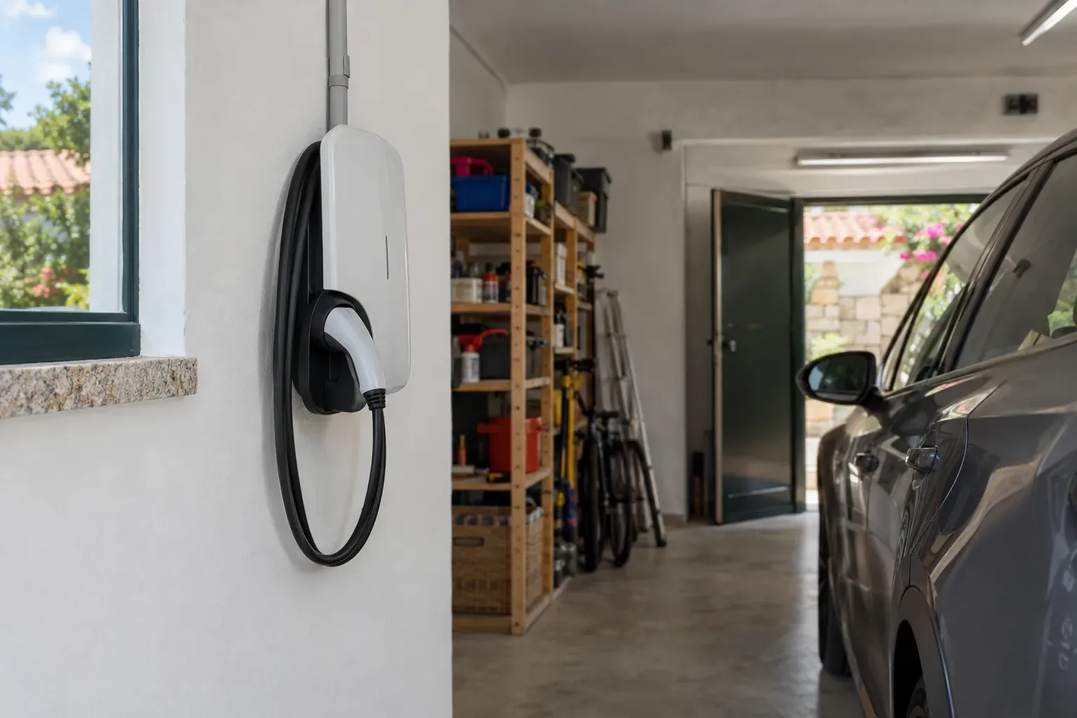 Carregador de parede montado na parede de uma garagem, com um veículo elétrico ao lado