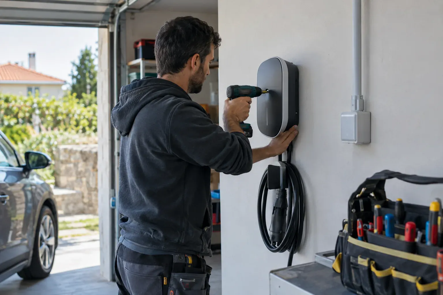 Técnico a fixar um carregador de parede na parede de uma garagem, com ferramentas ao lado