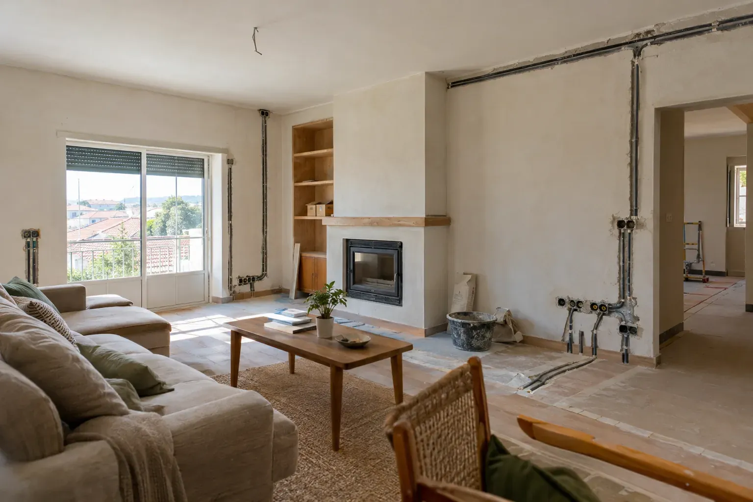 Sala de uma casa em obras, com tubos de cabos fixados às paredes e caixas de tomadas por montar