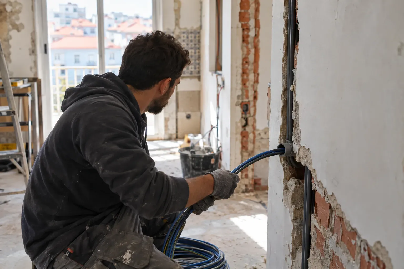 Técnico agachado a passar um cabo azul por um tubo numa parede aberta, numa obra