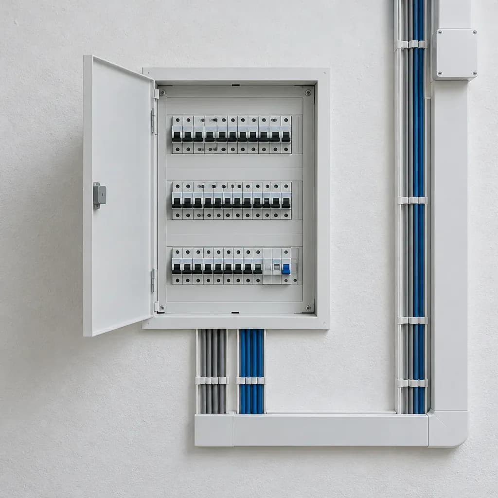 Quadro elétrico embutido numa parede branca, com disjuntores alinhados e cabos arrumados em calha.