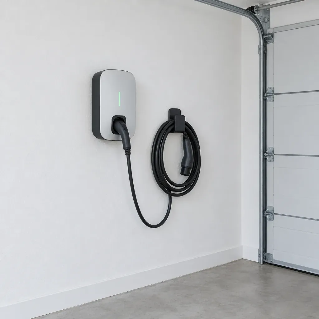 Carregador de parede para veículo elétrico numa garagem branca, com o cabo enrolado num suporte.
