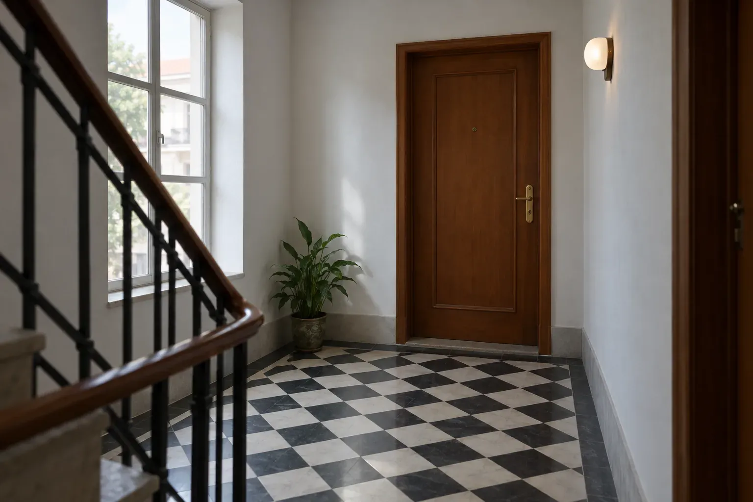 Entrada de um prédio português, com pavimento xadrez preto e branco, porta de madeira e um candeeiro de parede.
