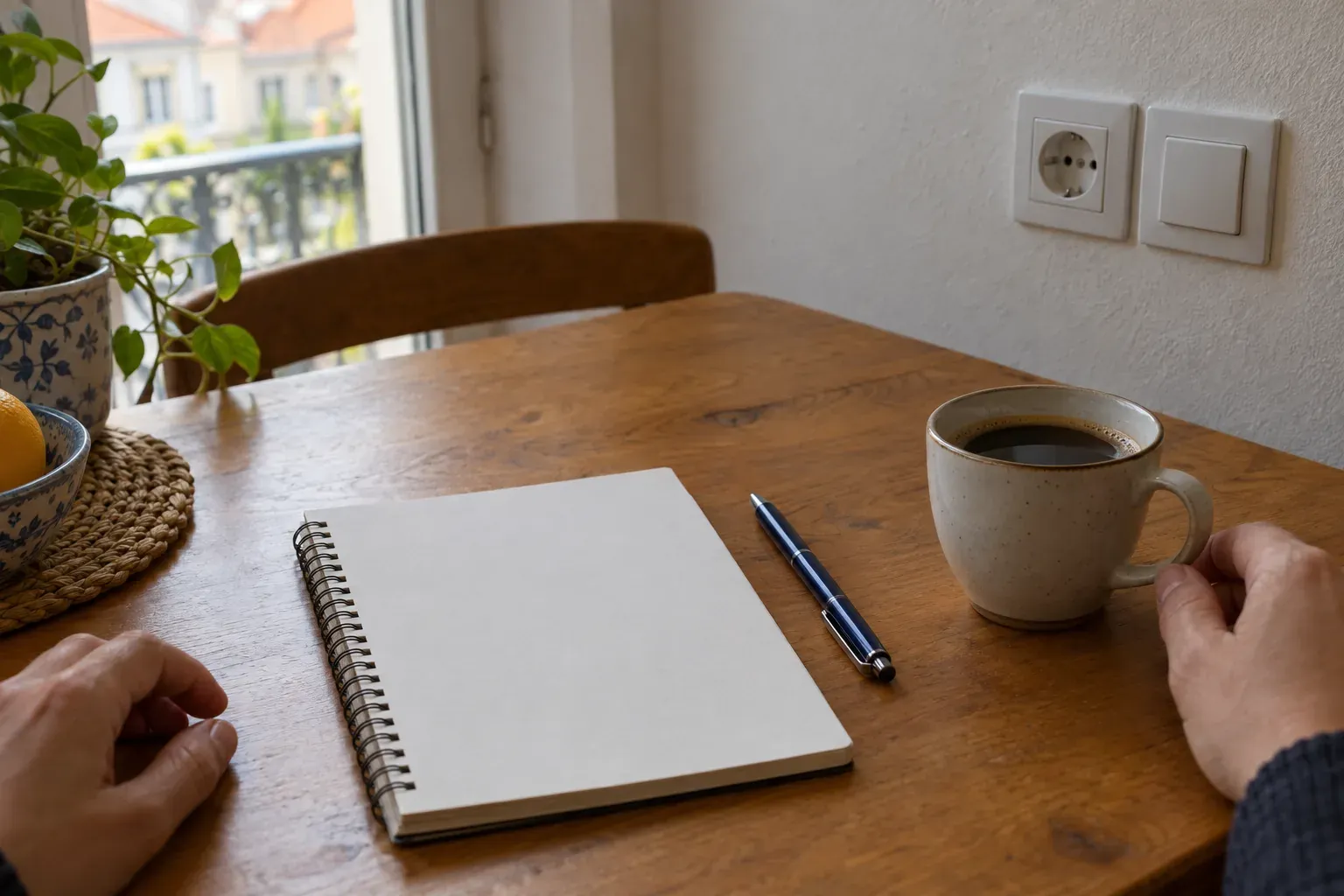 Mesa de madeira com um caderno em branco, uma caneta e uma chávena de café, junto a uma tomada e um interruptor na parede.