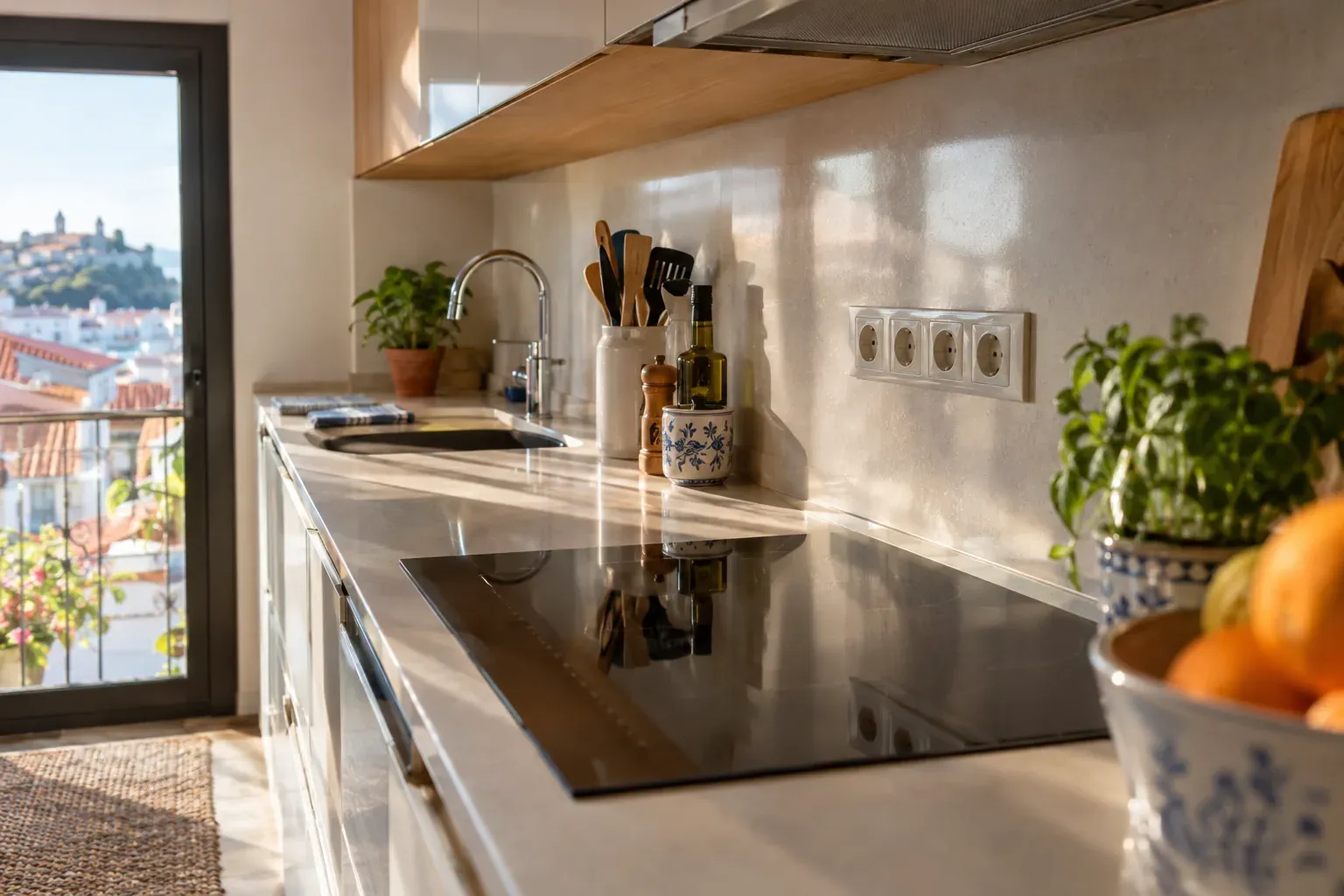 Cozinha luminosa com placa de indução e um bloco de tomadas na parede.