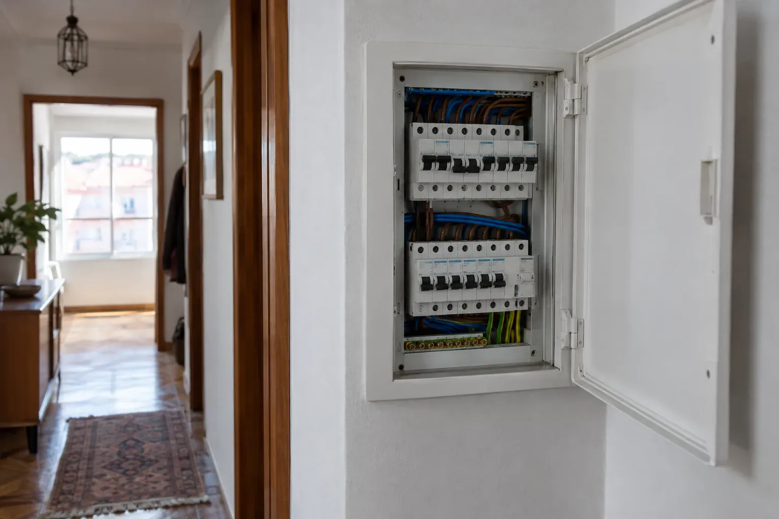 Corredor de um apartamento com um quadro elétrico embutido na parede, com a porta aberta e os disjuntores à vista.