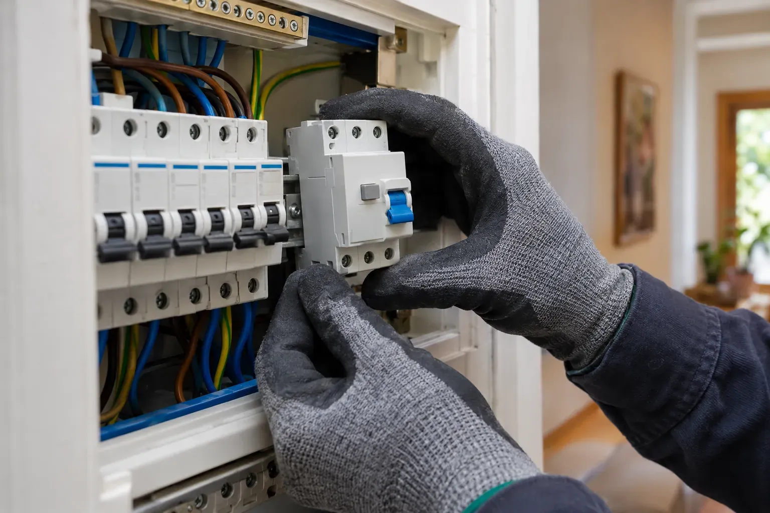 Mãos com luvas a montar um interruptor diferencial num quadro elétrico.
